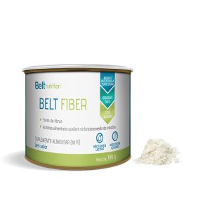 Belt Fiber da Belt Nutrition é suplemento alimentar em pó, ajuda o intestino a funcionar, dissolve fácil com zero calorias e sem sabor pote branco com rótulo verde e azul.