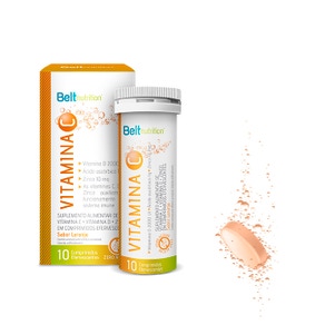 Vitamina C comprimido efervescente da Belt Nutrition é suplemento alimentar de Vitamina C+ Vitamina D + Zinco, cada embalagem vem 10 comprimidos efervecentes no sabor laranja.